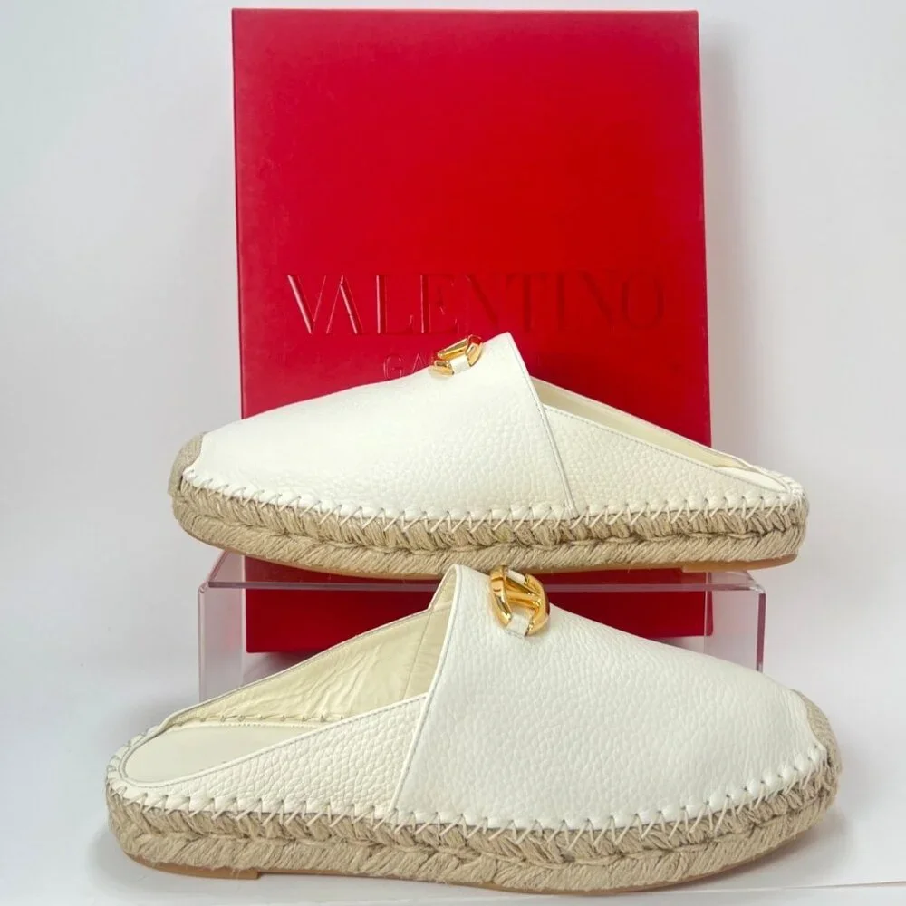 Valentino Garavani V Logo Leather Medallion Espadrille Mules Size 39